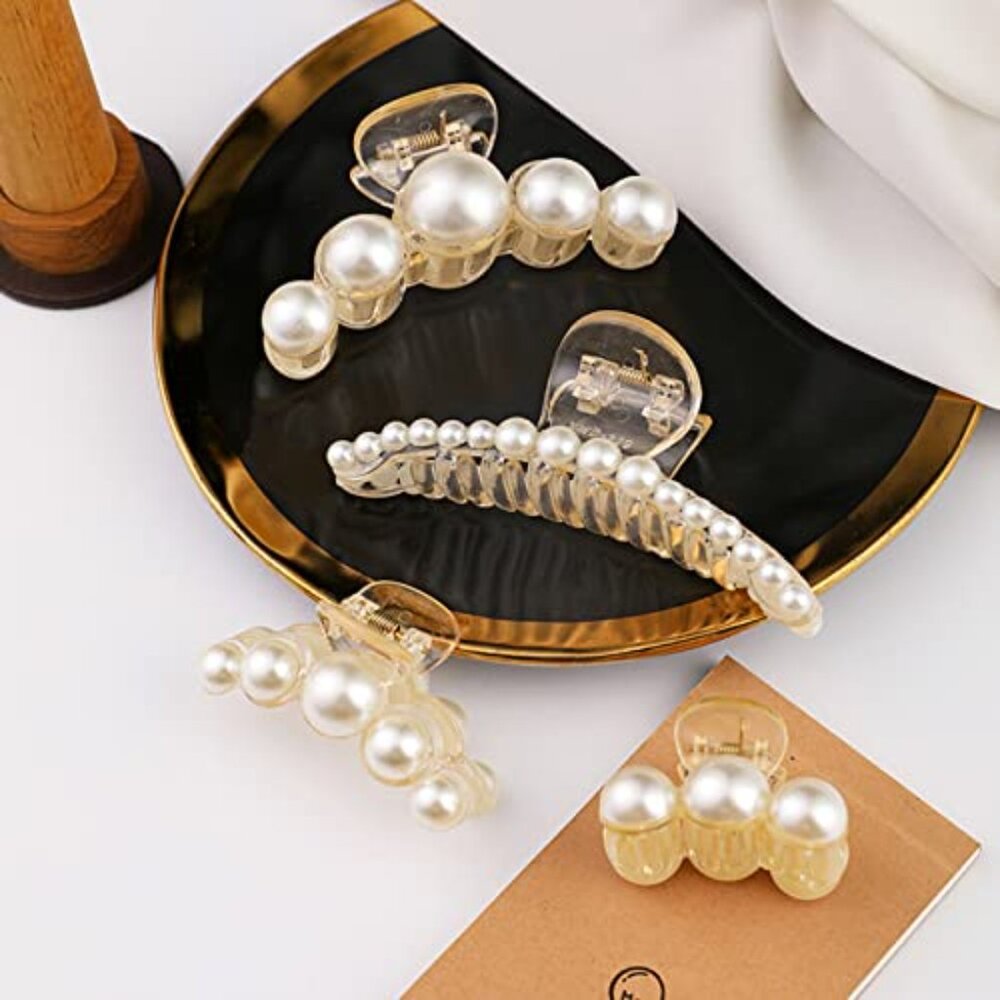 Large Pearl Hair Claw Clips Set of 4 for Thick Hair Styling - Picture 7 of 7